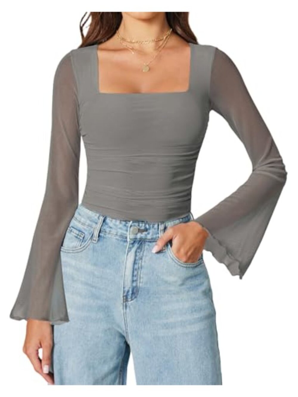 Women's Long Bell Sleeve Mesh Bodysuit Square Neck Thong